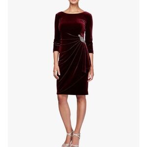 Red Wine Ruched Velvet Dress Sz 12 Sheath Brooch Embellished Bodycon Wedding